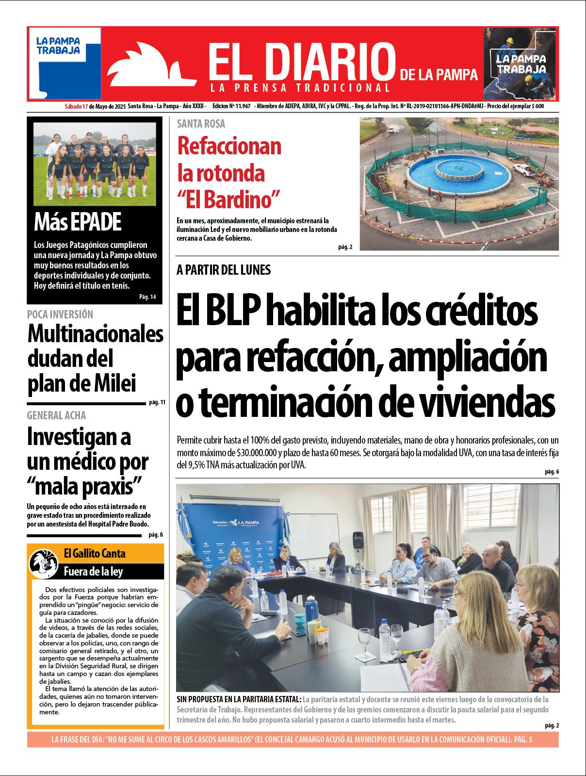 Tapa de El Diario en papel  saacutebado 17 de mayo de 2025